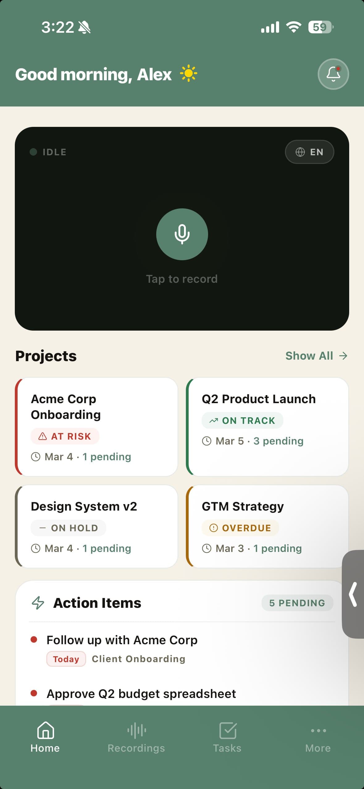 MeetOS home screen showing projects and action items